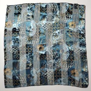 Vintage Womens Fashion Scarf TEAL FANNED FLORAL Silk Feel Satin KUSAN 20" SQUARE